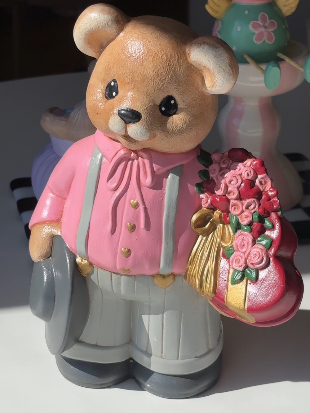 Vintage ceramic bisque Valentine’s Day boy bear pink shirt candy box decoration
